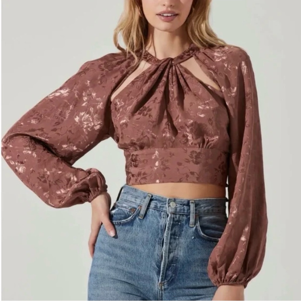 Nwot Astr The Label Betsy Floral Cutout Long Sleeve Top In Brown Jacquard Medium